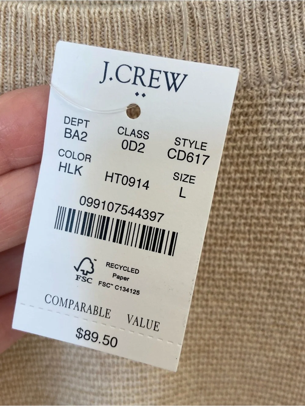 J. Crew‎ Men's Lightweight Cotton Sweater Beige, Large, NWT, Smart Casual Resort
